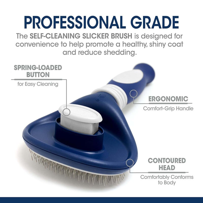 Four Paws Slicker Brush, Professional Series Grooming Brush for Dogs & Cats, Self-Cleaning, Reduces Shedding, All Coat Types, Blue & Grey - Image 3
